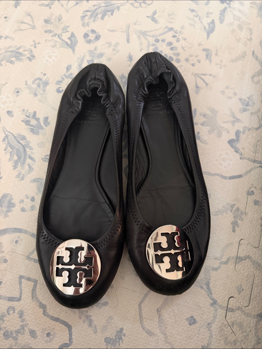 Tory Burch Black Leather Logo Ballet Flats with Silver Medallions size 8